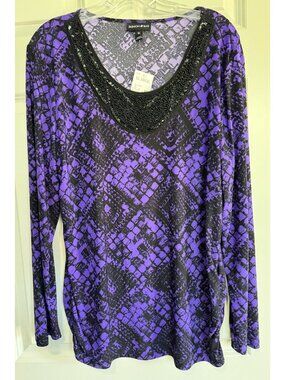 Fashion Bug V-Neck Blouse Purple Black Snake Print Slinky Beaded Y2K Women's XL